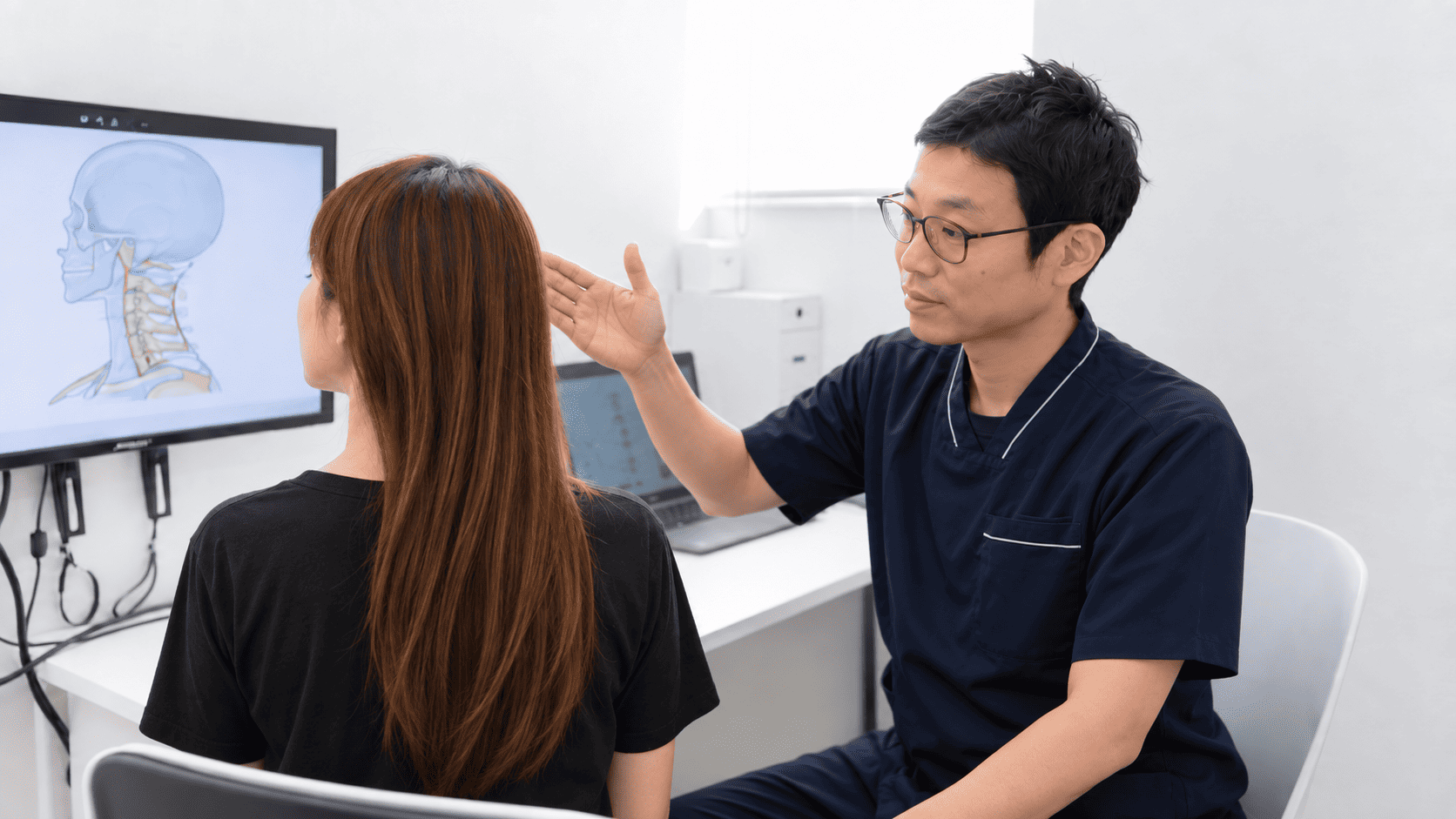 本沢整骨院でむち打ちの患者さんの首の動きを確認する問診・検査の様子